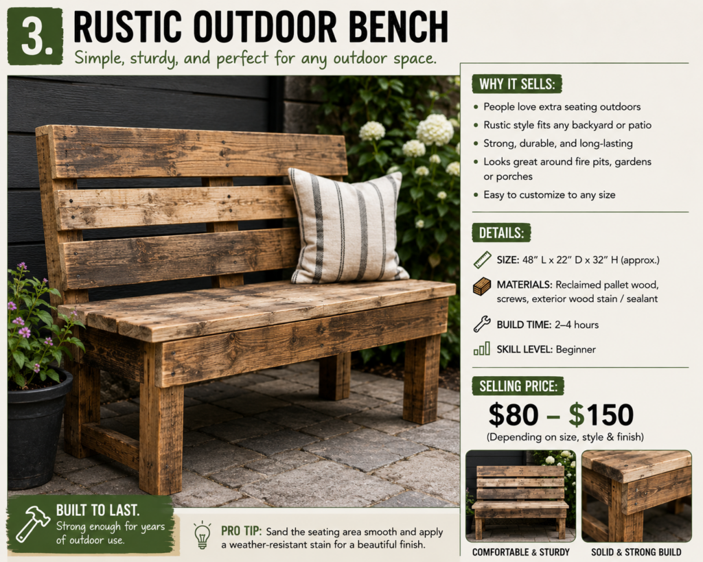 an outdoor bench made from pallets