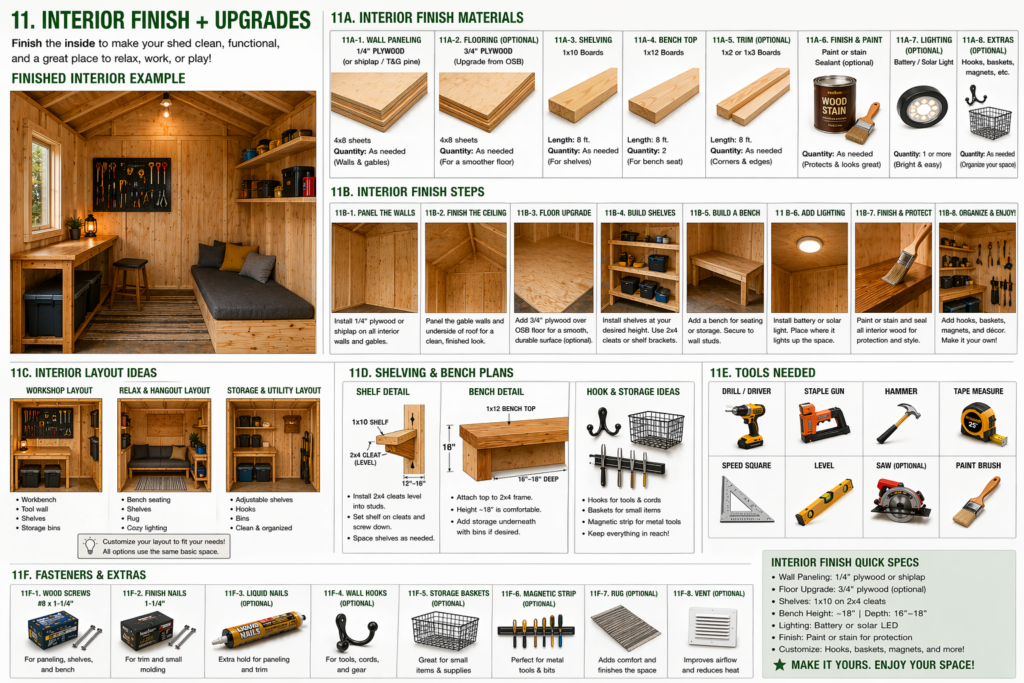 Interior finish ideas for a 6x8 backyard structure showing wood wall panels, shelving, bench space, lighting, tool storage, and a cozy multi-use layout.
