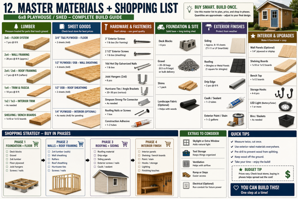 6x8 shed materials and shopping list showing lumber, sheet goods, hardware, foundation supplies, exterior finishes, and interior upgrade items.