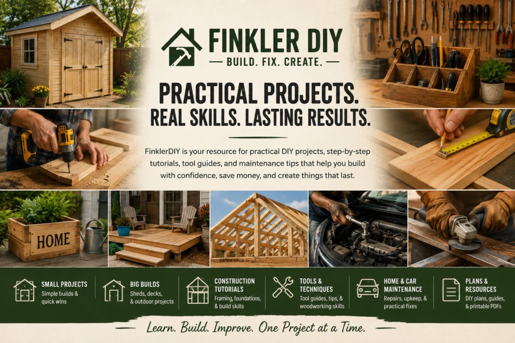 FinklerDIY About page banner showing woodworking, small projects, big builds, construction tutorials, tools and techniques, home and car maintenance, and printable DIY resources.