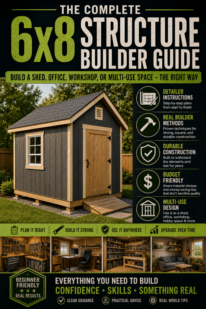 Cover image for the Complete 6x8 Structure Builder Guide showing a backyard shed with planning, construction, budget, and multi-use design highlights.