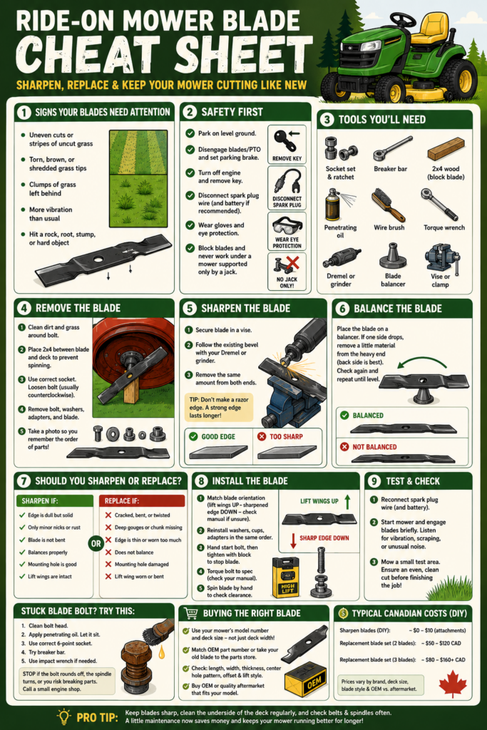 Illustrated ride-on mower blade maintenance cheat sheet covering safety, removal, sharpening, balancing, replacement, and testing.
