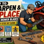 DIY homeowner removing a blade from a red ride-on mower for sharpening and replacement.
