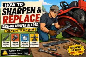 DIY homeowner removing a blade from a red ride-on mower for sharpening and replacement.