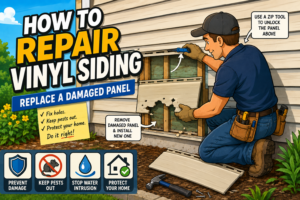 person removing damaged vinyl siding