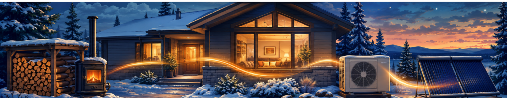Winter home with firewood, a wood stove, heat pump and solar collectors representing different home heating options.