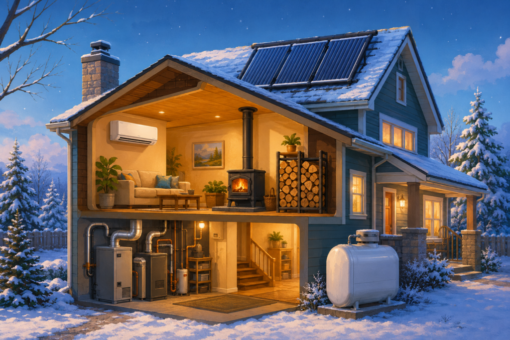 Illustrated winter home comparing a mini-split heat pump, wood stove, furnace, propane tank and solar heating panels.