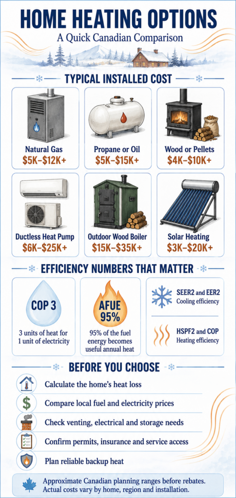 Canadian home heating infographic comparing installation costs, efficiency ratings and factors to consider when choosing a system.