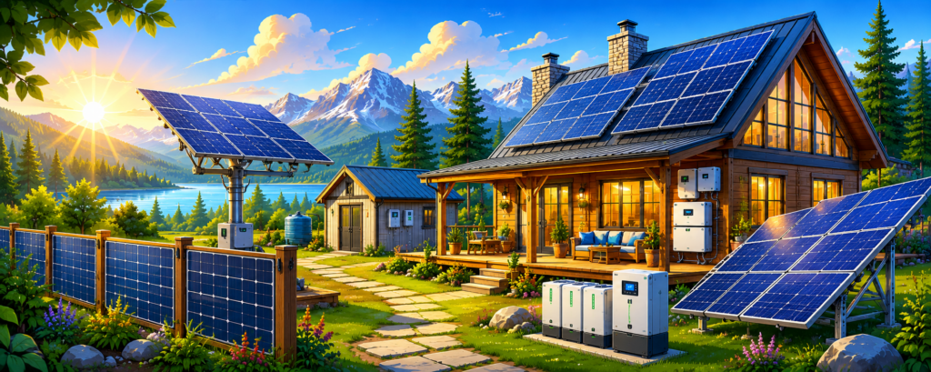 Scenic sunset view of an off-grid home using rooftop solar panels, ground-mounted panels, battery storage, a solar tracker, and vertical bifacial solar fencing.
