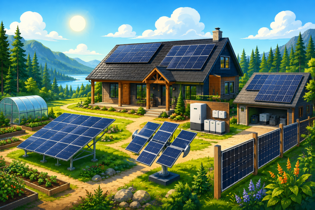 Cartoony off-grid homestead with rooftop solar panels, ground-mounted solar array, solar tracker, battery storage, greenhouse, and vertical solar fence.
