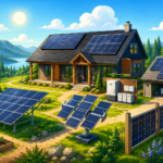 Cartoony off-grid homestead with rooftop solar panels, ground-mounted solar array, solar tracker, battery storage, greenhouse, and vertical solar fence.