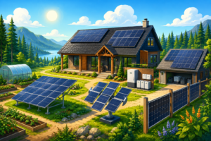 Cartoony off-grid homestead with rooftop solar panels, ground-mounted solar array, solar tracker, battery storage, greenhouse, and vertical solar fence.