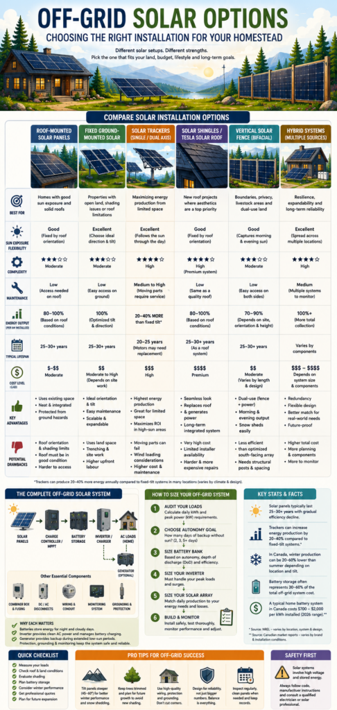 Infographic comparing roof-mounted solar panels, fixed ground mounts, solar trackers, solar shingles, solar fences, and hybrid off-grid solar systems with benefits, costs, maintenance, and system-sizing tips.