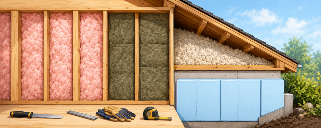 Wide illustration of fiberglass, mineral wool, cellulose and rigid foam installed throughout a framed house.