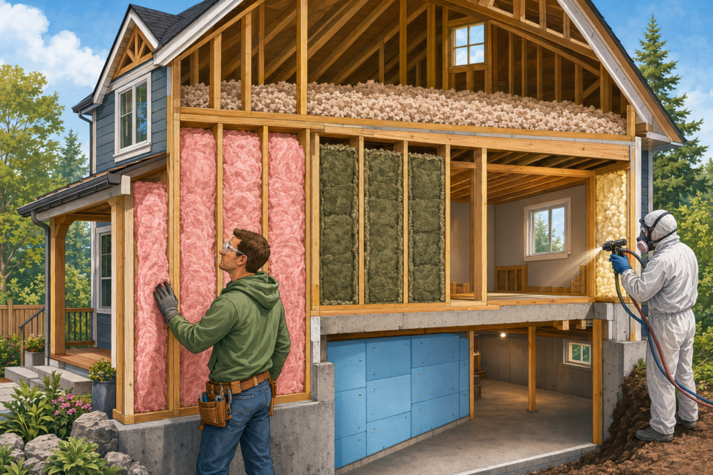 Cutaway house showing fiberglass, mineral wool, cellulose, rigid foam and spray foam installed in different areas.