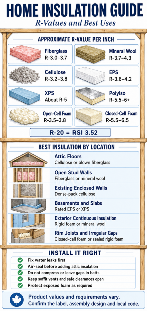 Home insulation infographic comparing R-values and recommended applications for fiberglass, mineral wool, cellulose, rigid foam and spray foam.