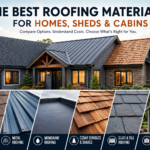 Wide illustration showing a home with asphalt shingles, standing-seam metal roofing, cedar shakes, and a detached metal-roof shed.