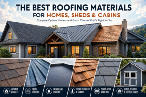 Wide illustration showing a home with asphalt shingles, standing-seam metal roofing, cedar shakes, and a detached metal-roof shed.