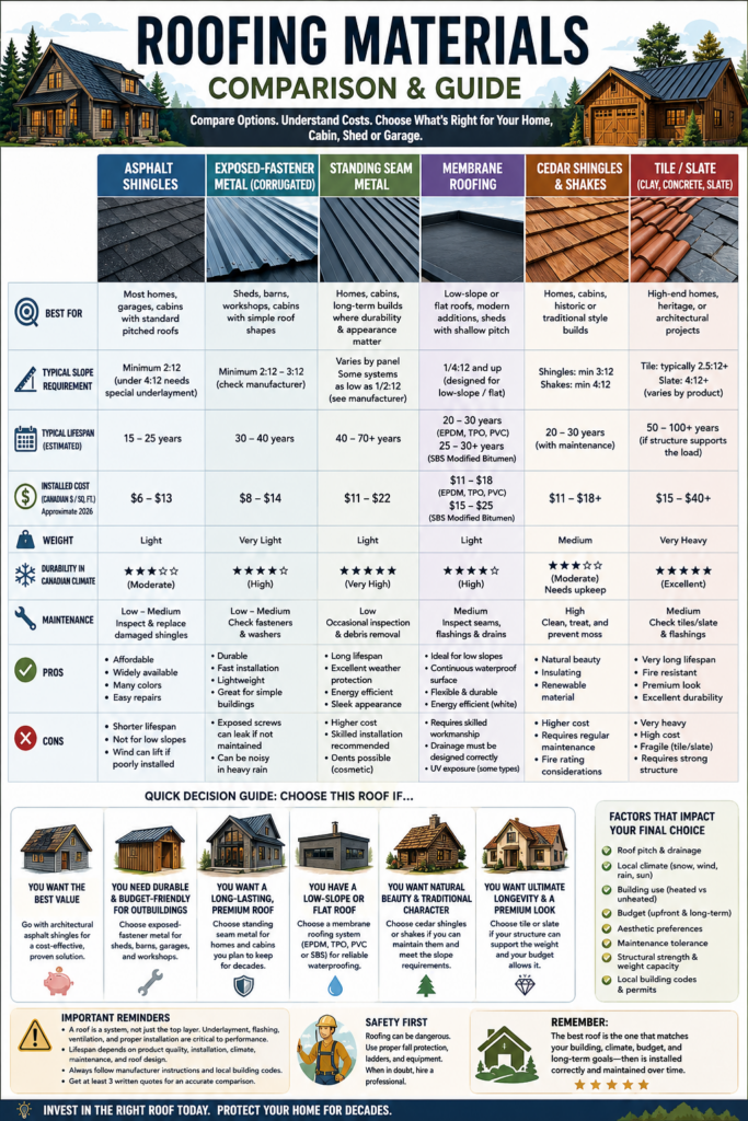 Roofing materials comparison infographic showing asphalt shingles, exposed-fastener metal, standing-seam metal, membrane roofing, cedar, and tile or slate with costs, lifespan, slope, pros, cons, and decision guidance.