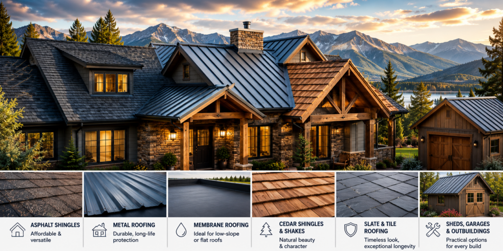 Scenic mountain cabin with asphalt, metal, and cedar roof sections, plus a matching metal-roof garage.