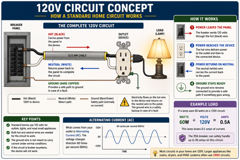 120 volt residential circuit diagram showing hot neutral ground outlet and load