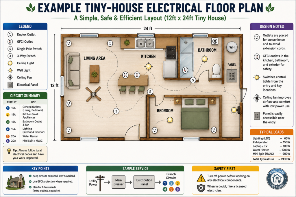 Tiny house electrical floor plan showing outlets lights switches panel and branch circuits