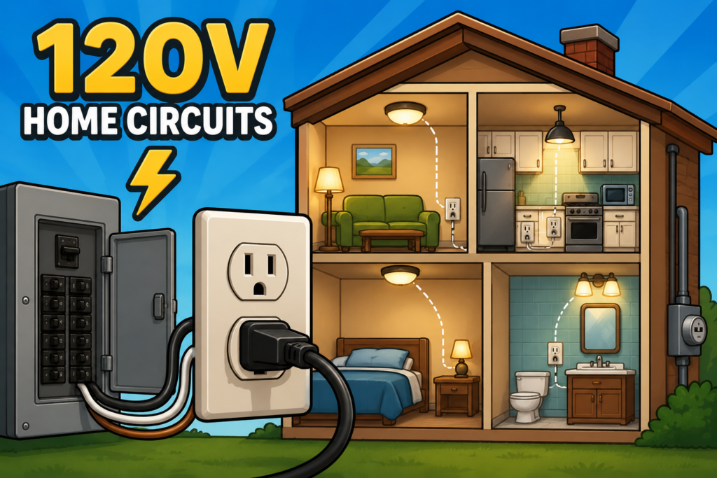 Cartoon tiny house cutaway showing a breaker panel, 120V outlets, wiring, lights and household electrical circuits.