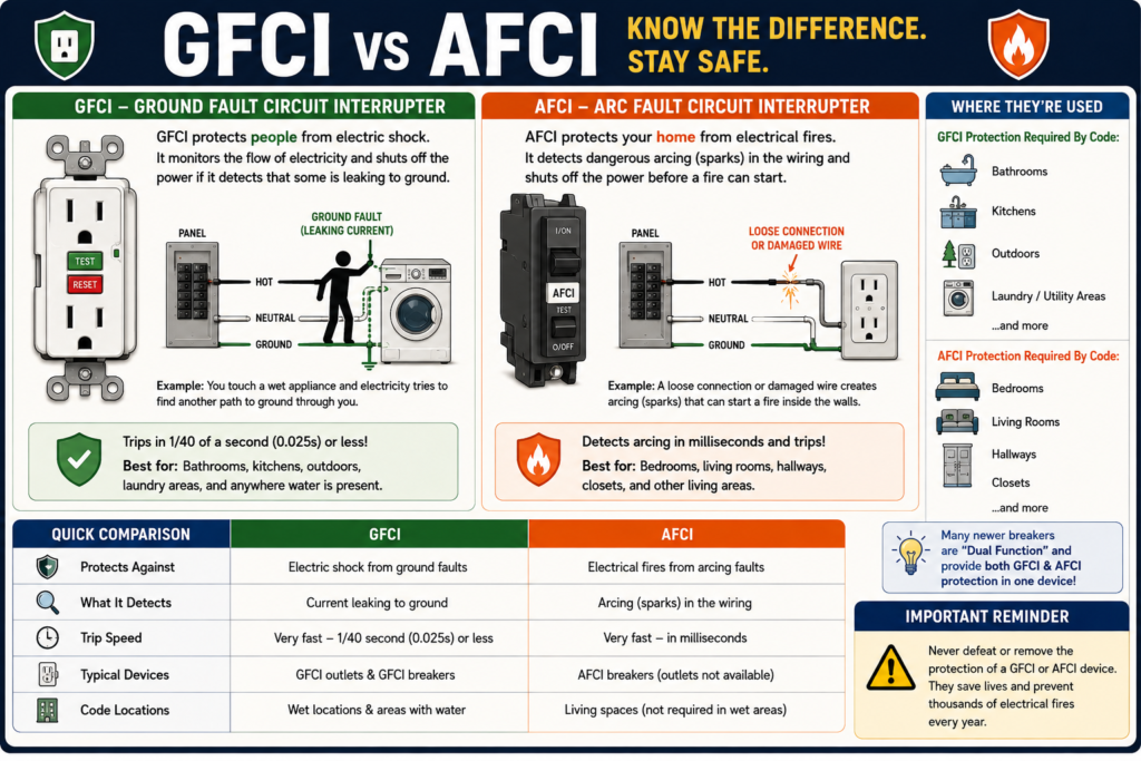GFCI vs AFCI infographic comparing ground fault and arc fault electrical protection