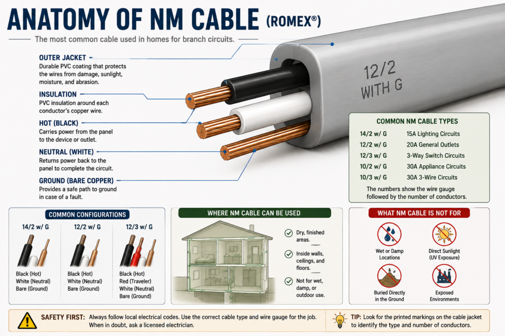 Anatomy of NM cable showing hot neutral ground conductors and outer jacket