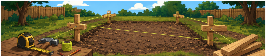 Batter board string intersection marking shed corner