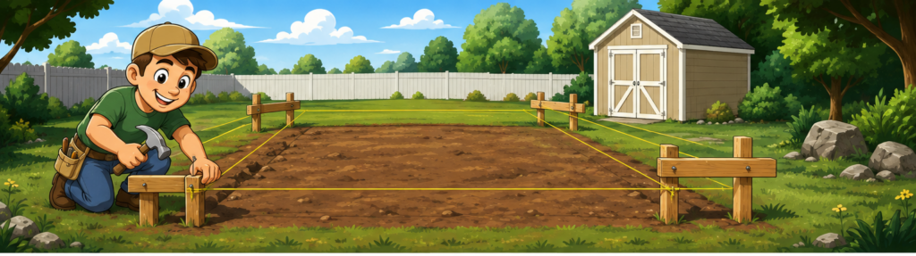 Squaring shed foundation with equal diagonal measurements
