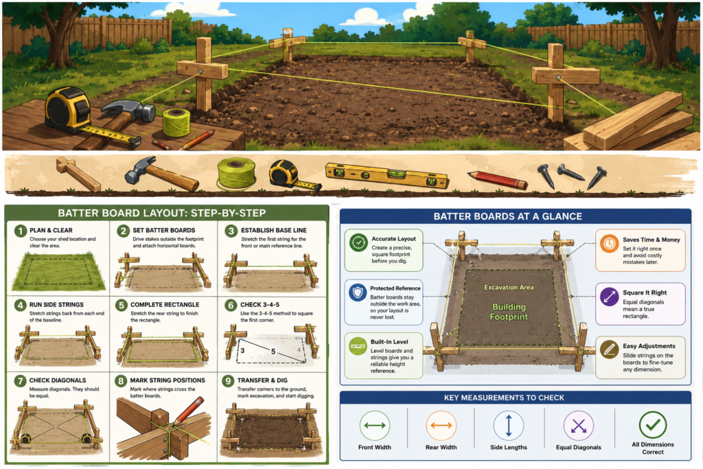Batter board foundation layout guide infographic