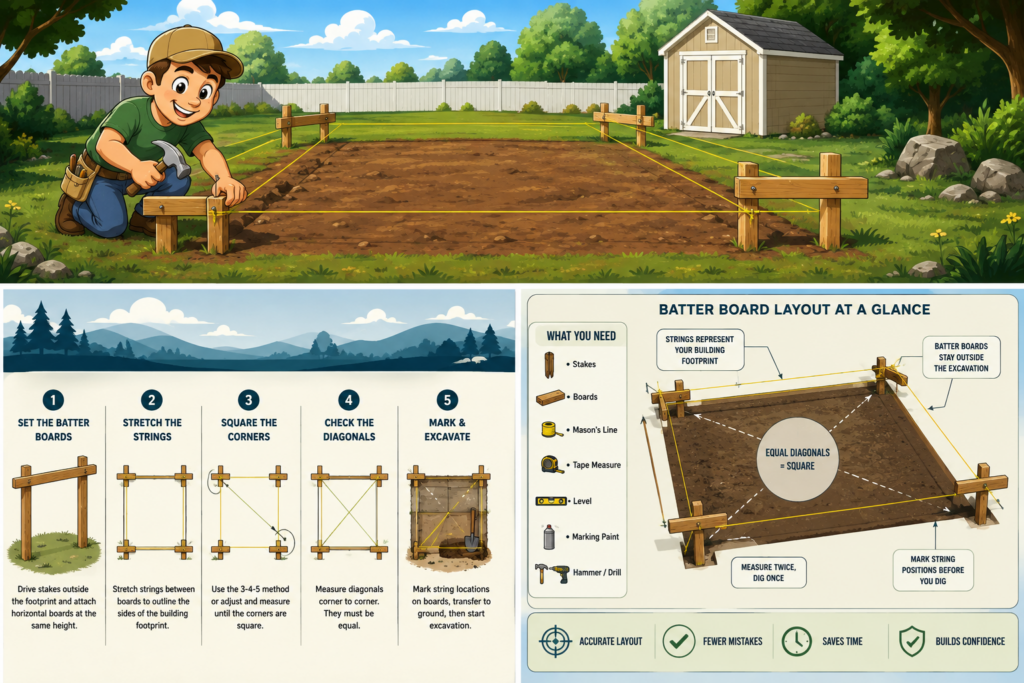 DIY batter board layout for shed foundation