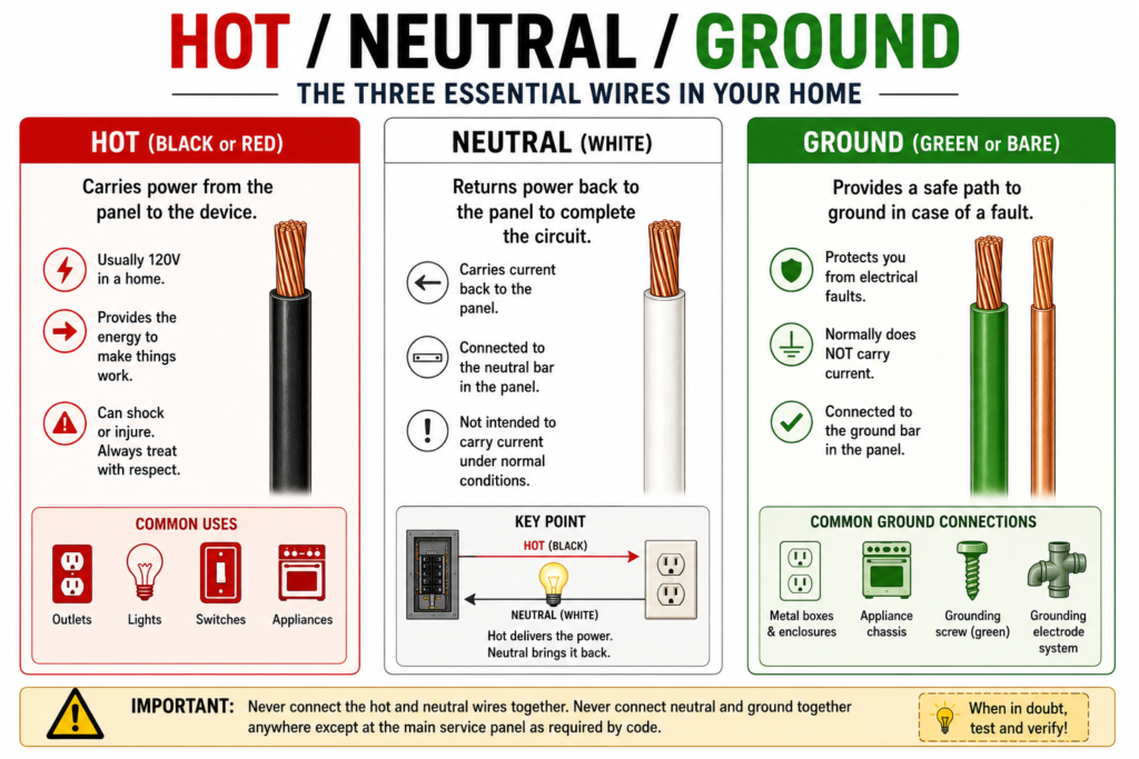 Hot neutral and ground wire functions in residential electrical wiring