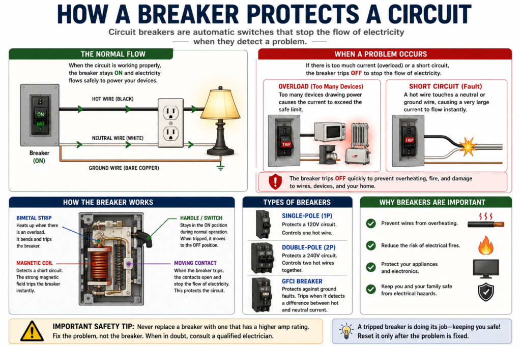 Circuit breaker protection diagram showing overload short circuit and breaker operation
