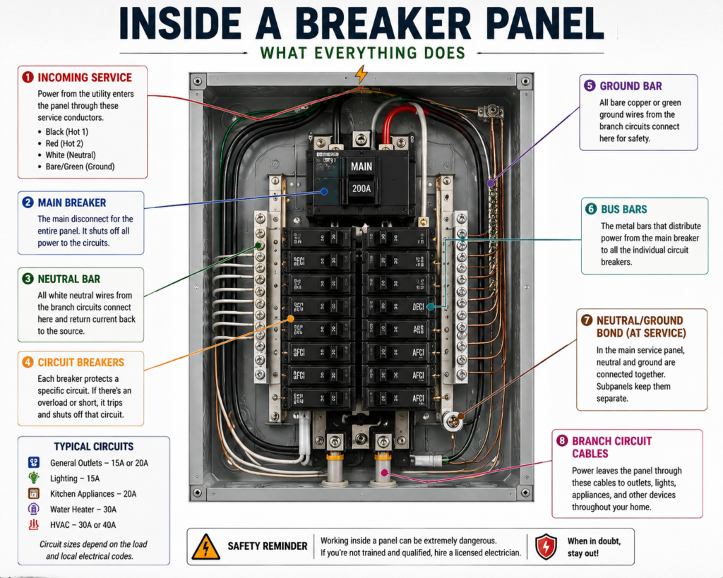 Inside a residential breaker panel showing breakers bus bars neutral and ground bars