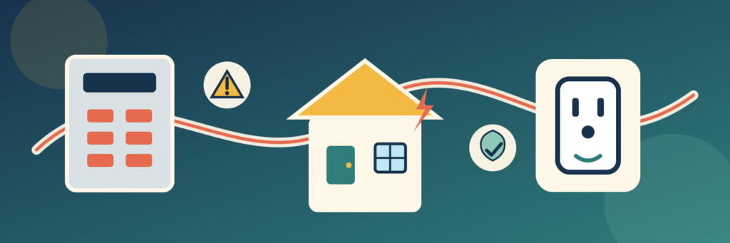 Illustrated banner featuring a tiny house connected to a breaker panel and electrical receptacle with safety and inspection symbols.
