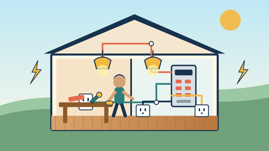Cartoony cutaway view of a tiny house showing a breaker panel, electrical wiring routes, ceiling lights, receptacles and a homeowner working safely.