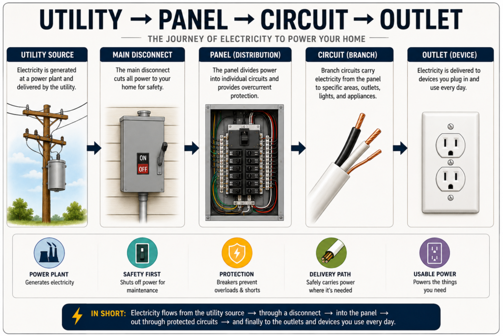 Utility to breaker panel to branch circuit to electrical outlet power flow diagram
