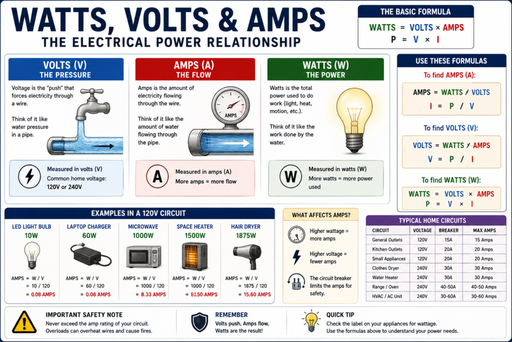 Watts volts and amps relationship infographic with electrical power formulas and examples