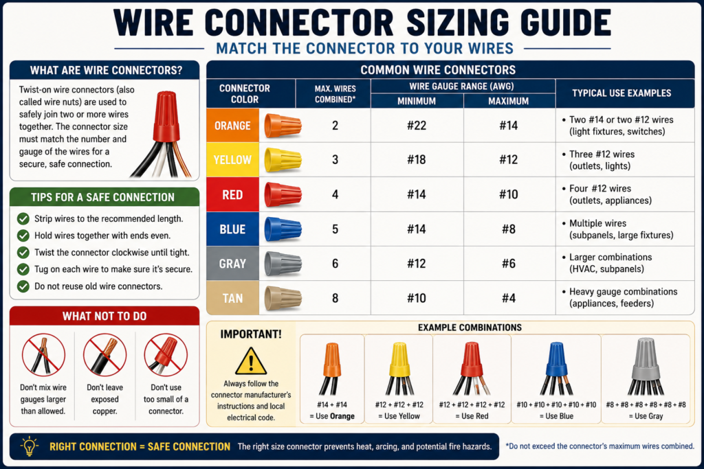 Wire connector sizing guide for matching wire nuts to conductor gauge and quantity