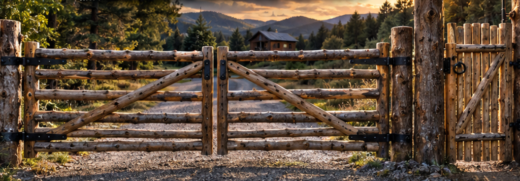 Concept illustration of a rustic double driveway gate with a separate pedestrian entrance and matching pole fence.