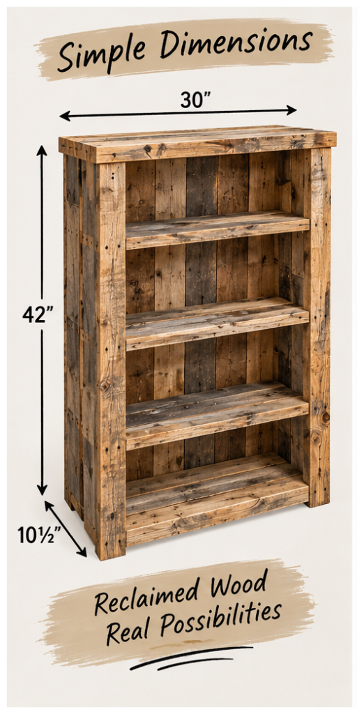 Dimensioned DIY pallet bookshelf plan showing a 30-inch width, 42-inch height, and 10½-inch depth.