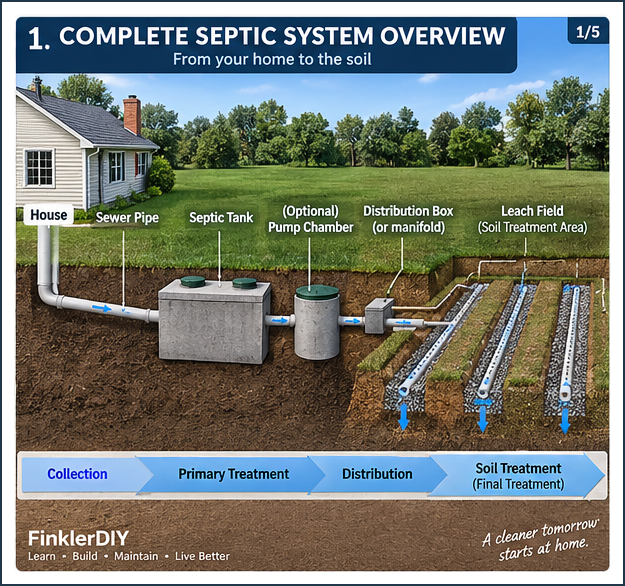 Diagram showing how household wastewater flows from a home through a septic tank, distribution system, and leach field for soil treatment.