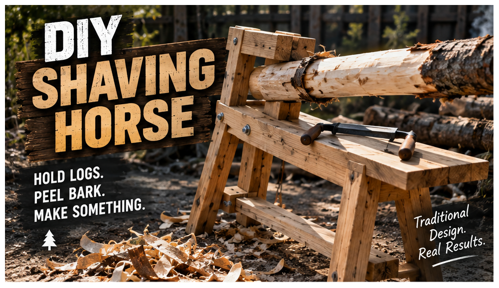 DIY shaving horse holding a large log outdoors with a drawknife resting on the wooden workbench.