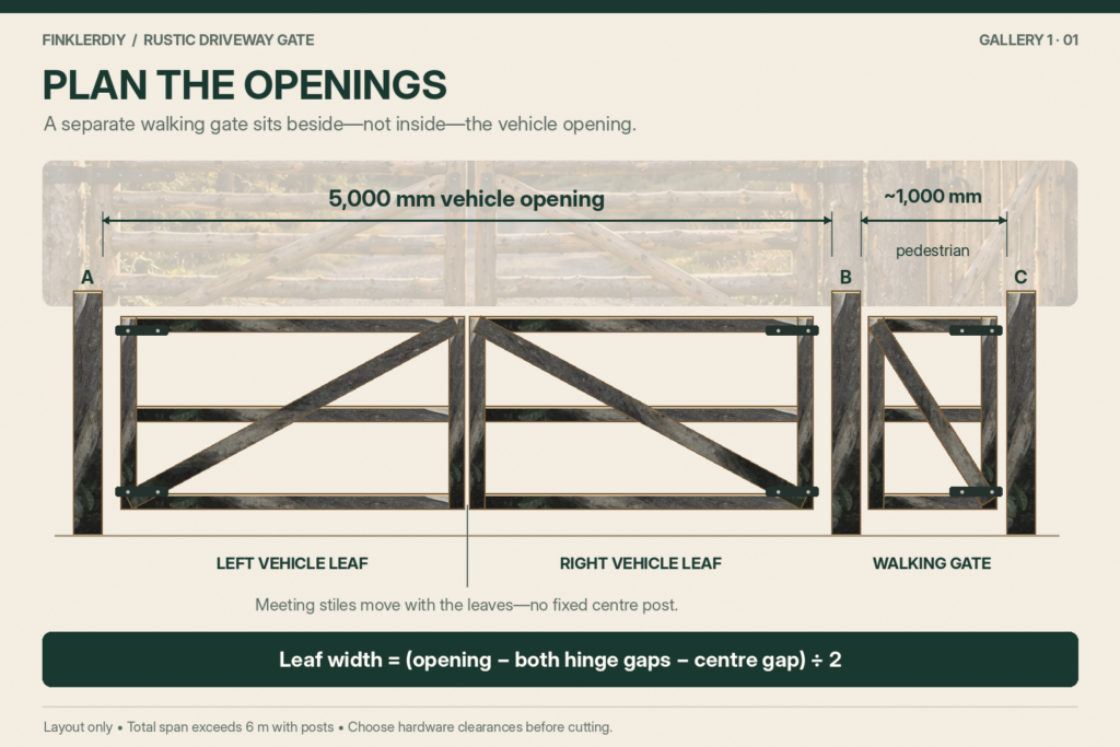 Rustic driveway gate layout showing a five-metre vehicle opening, separate pedestrian gate and three support posts.