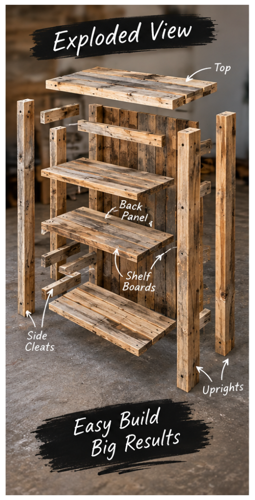 Exploded view of a DIY pallet bookshelf showing the uprights, shelf boards, side cleats, back panel, and top.