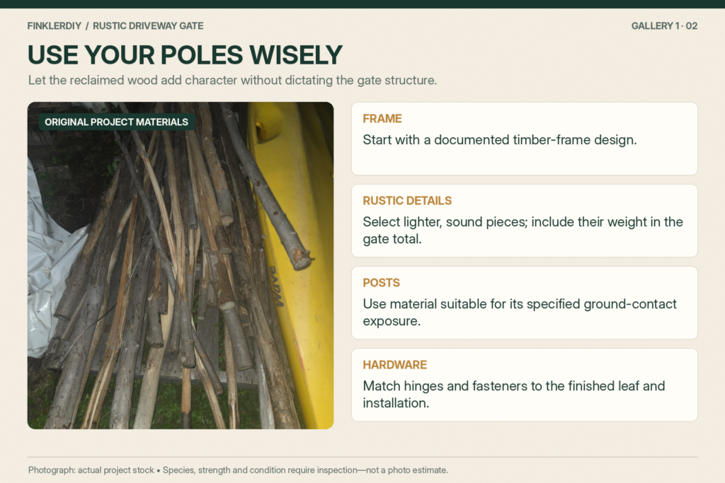 Original photo of reclaimed poles beside guidance on selecting gate frames, decorative wood, posts and hardware.
