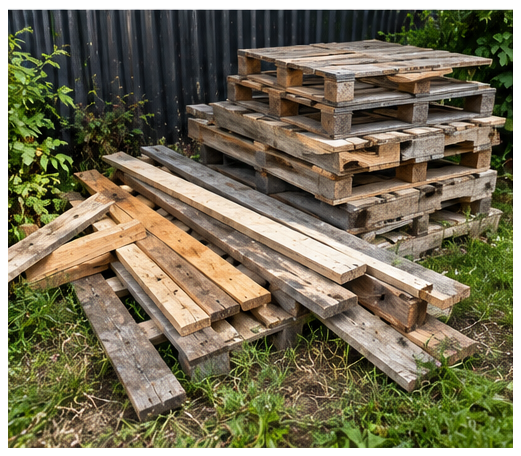 Stack of reclaimed pallet boards and scrap wood ready for a DIY pallet bookshelf project.