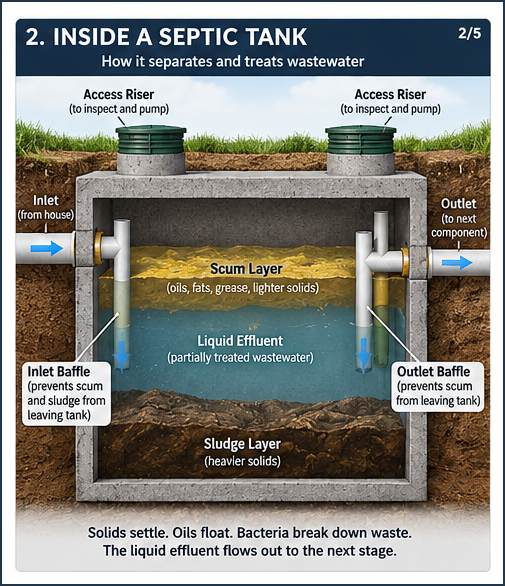 Cutaway diagram of a septic tank showing the inlet, outlet baffles, scum layer, liquid effluent, and sludge layer.
